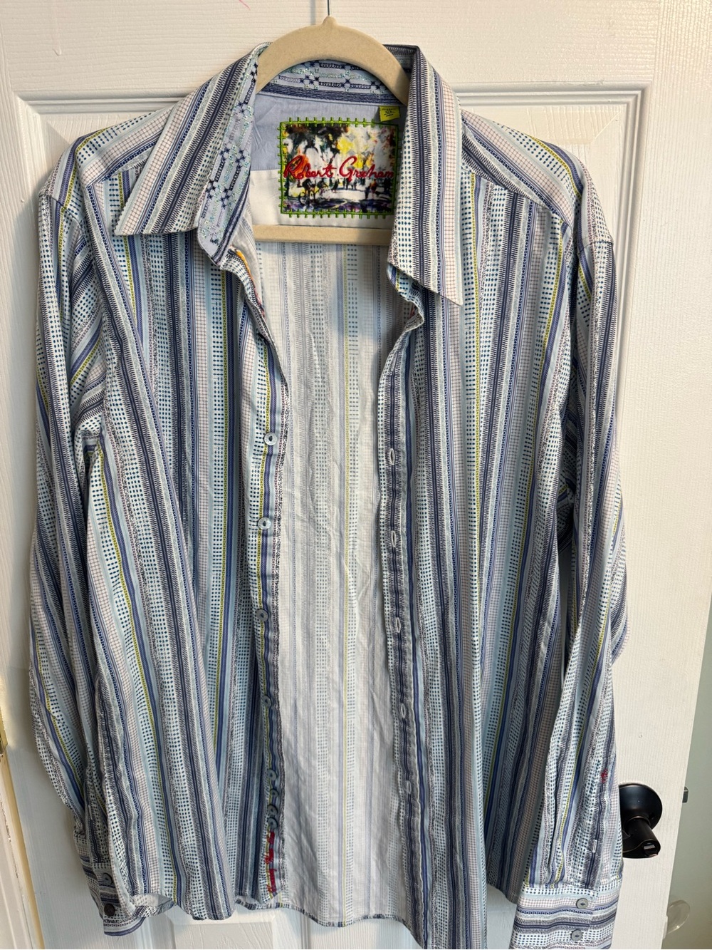 🔥Robert Graham Blue, White & Green Striped Button-Down Shirt- HANDSOME !!!